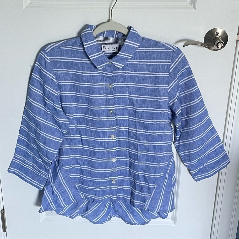 Habitat 100% Linen Blue White Striped Button Up Shirt Top 35921